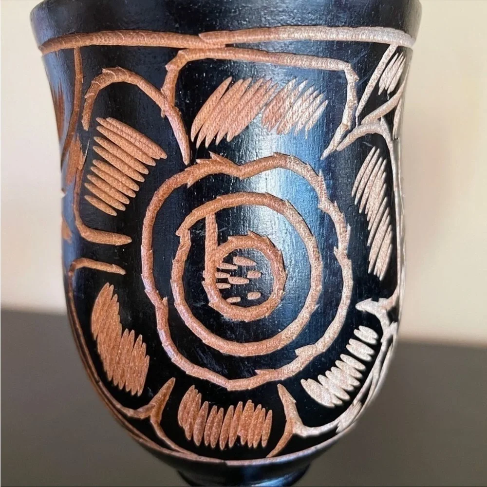 Wooden Black Goblets with Traditional Images Ornament, Handmade in Haiti